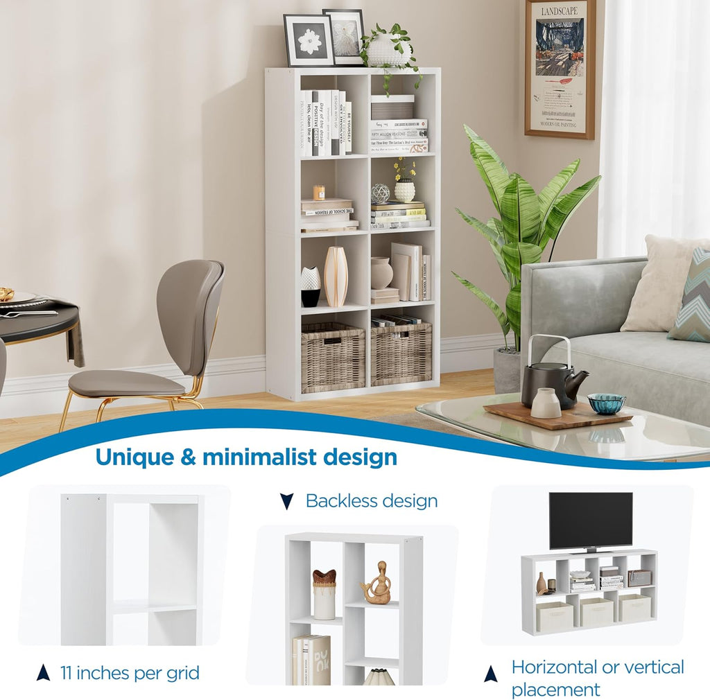 8 Cube Storage Organizer, Cube Shelf with Heavy-Duty Thick Boards, 25.12" L x 9.37" W x 48.74" H, Smooth Easy-Clean Panels, Simple Assembly, for Living Room Bedroom Office, White