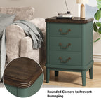 Wnutrees Farmhouse Nightstand with 3 Drawers，Modern Bedside Table with Round Curved Corner and Metal Handles, Wood End Side Table for Living Room, Hallway, Green
