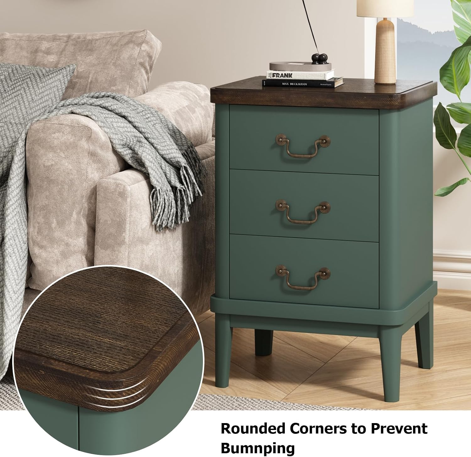 Wnutrees Farmhouse Nightstand with 3 Drawers，Modern Bedside Table with Round Curved Corner and Metal Handles, Wood End Side Table for Living Room, Hallway, Green