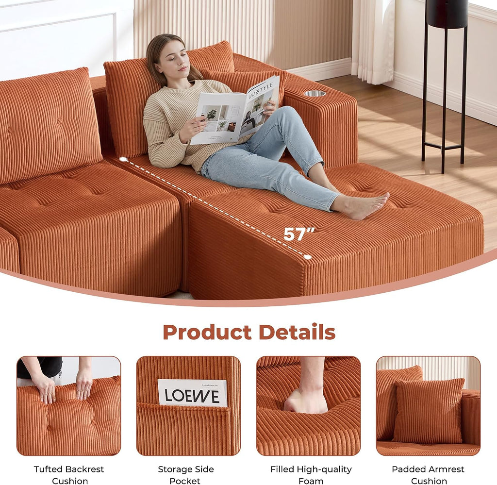 73" Loveseat Modular Sectional Sofa, Oversized 2-Seater Boneless Tufted Cloud Couch with Cup Holder and Movable Ottoman, Corduroy Upholstery Small Couches for Living Room, No Assembly Orange