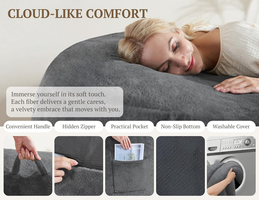 WSOFRLAC 3FT Bean Bag Chair, Comfy Bean Bag Chairs for Adults, Luxury Velvet Memory Foam Stuffed Beans Bags with Removable Cover, Adult Beanbag Chair with Filler for Living Room, Bedroom, Dark Grey
