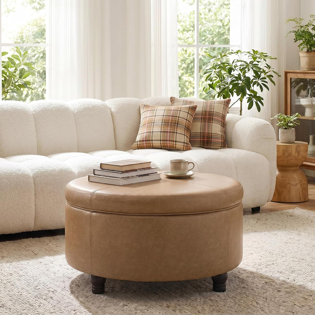 30-Inch Round Ottoman, Leather Ottoman with Storage (Light Brown | Modern Storage Ottoman with Removable Top for Living Room, Bedroom, Office