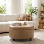 30-Inch Round Ottoman, Leather Ottoman with Storage (Light Brown | Modern Storage Ottoman with Removable Top for Living Room, Bedroom, Office