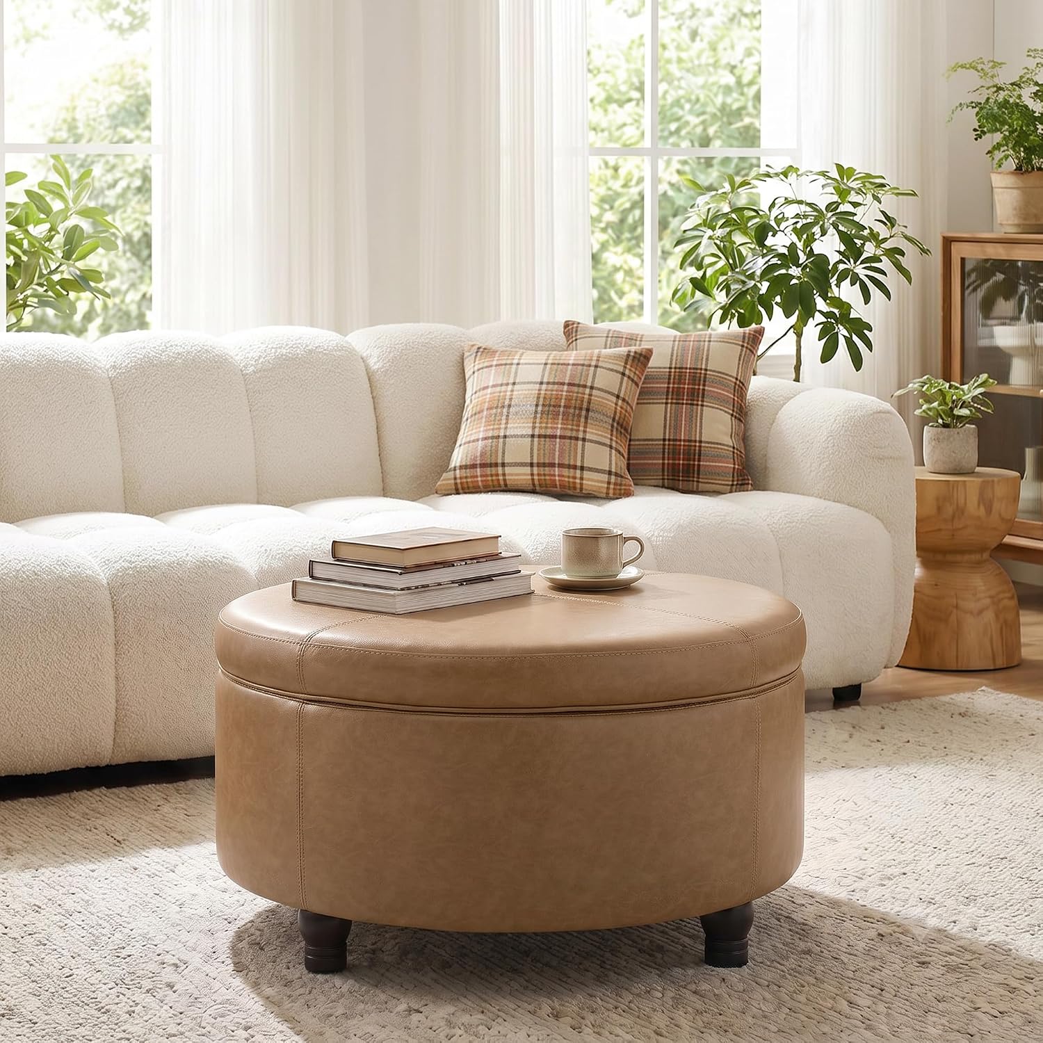 30-Inch Round Ottoman, Leather Ottoman with Storage (Light Brown | Modern Storage Ottoman with Removable Top for Living Room, Bedroom, Office