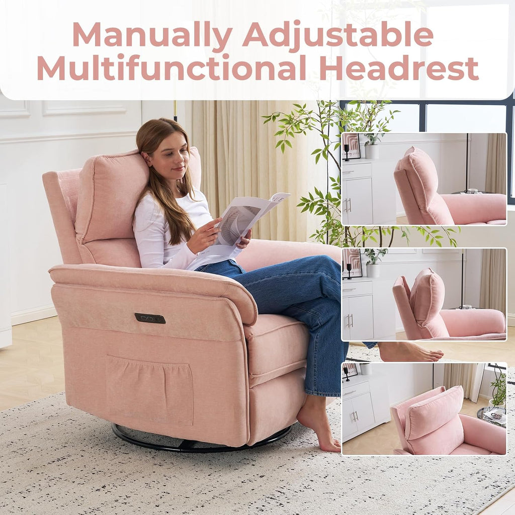 Power Swivel Rocker Recliner, Glider Recliner Nursery Chair with Massage and Heat, Nursery Rocking Chairs with Adjustable Headrest for Living Room，USB Ports,Side Pockets,Chenille Pink