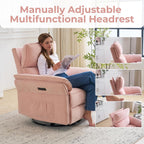 Power Swivel Rocker Recliner, Glider Recliner Nursery Chair with Massage and Heat, Nursery Rocking Chairs with Adjustable Headrest for Living Room，USB Ports,Side Pockets,Chenille Pink