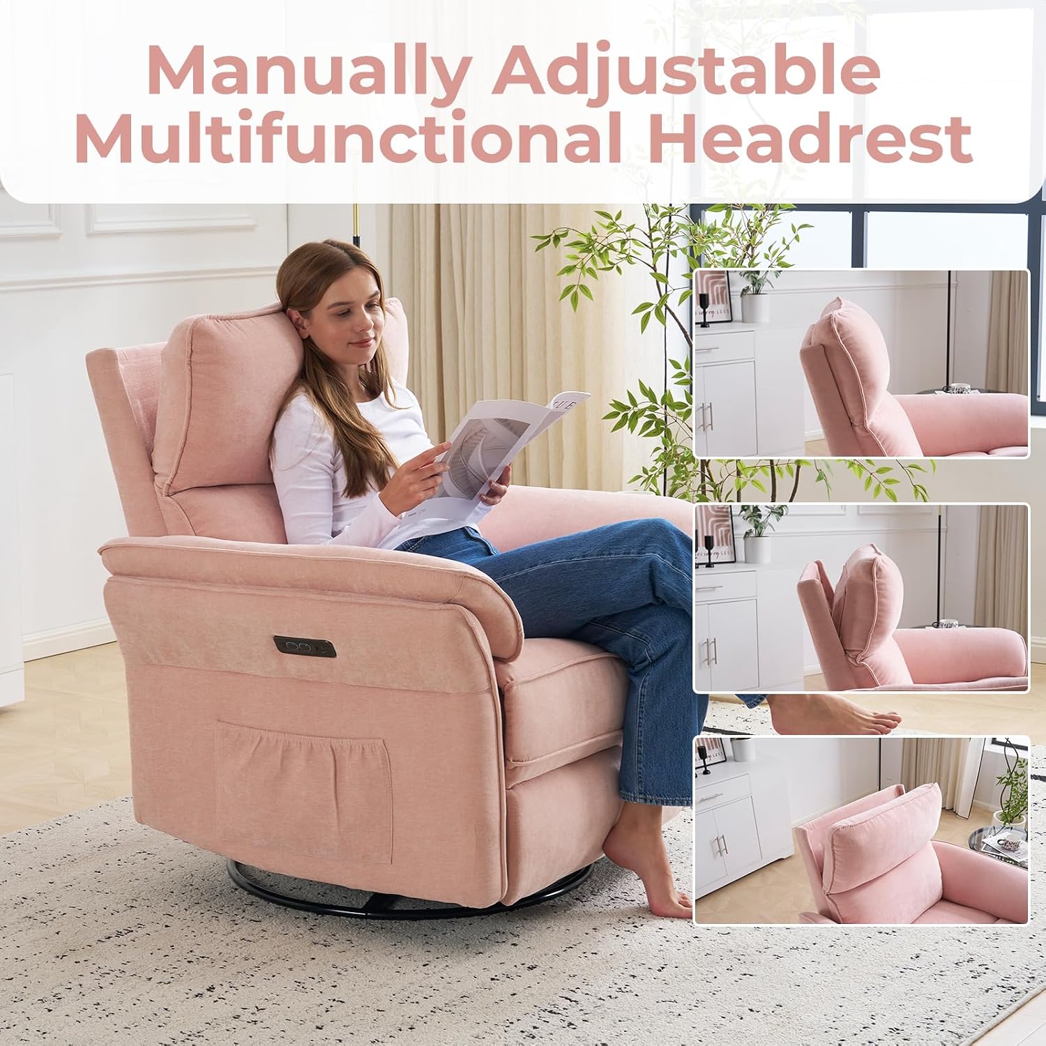 Power Swivel Rocker Recliner, Glider Recliner Nursery Chair with Massage and Heat, Nursery Rocking Chairs with Adjustable Headrest for Living Room，USB Ports,Side Pockets,Chenille Pink