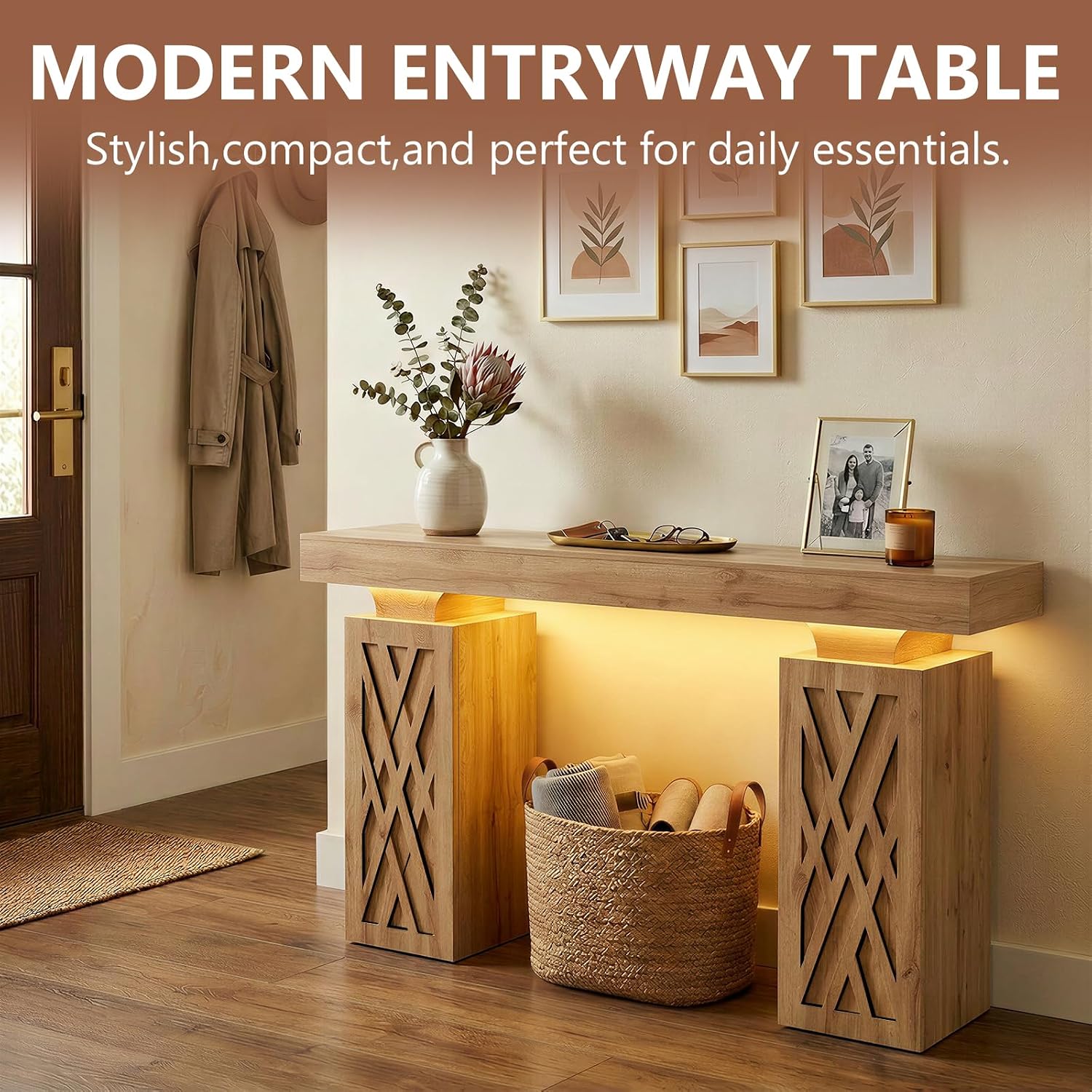 63-Inch Modern Console Table with LED & Outlet, Farmhouse Entryway Table with Geometric Base, Solid Wood-Grain Sofa Table Behind Couch, Narrow Accent Table for Hallway, Brown Oak