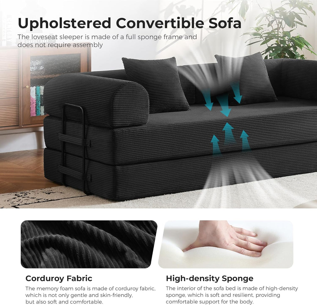 79" 5-in-1 Convertible Sofa Bed No Assembly, Boneless Couch Bed with High Density Foam, Foldable Sleeper Sofa, Corduroy Modular Couch for Apartment, Studio, Dorm Room, Small Space, Black
