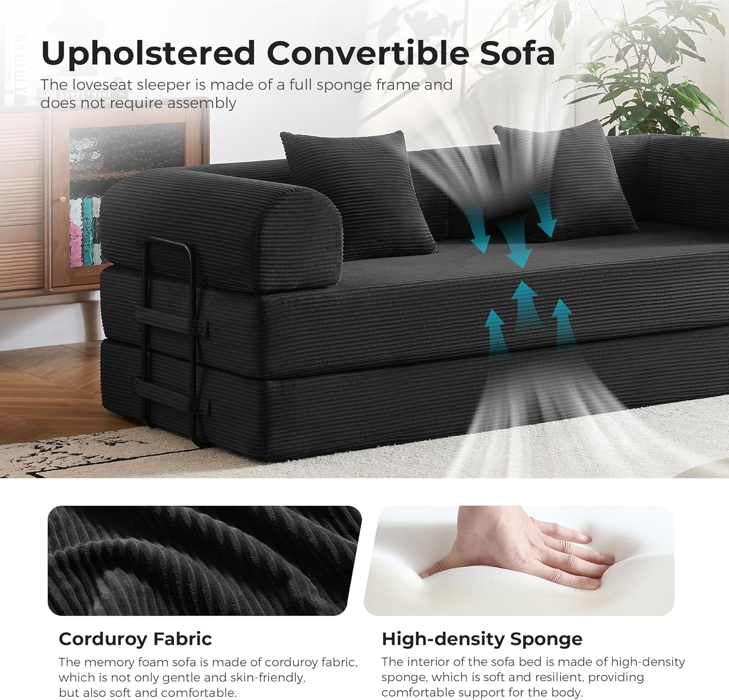 79" 5-in-1 Convertible Sofa Bed No Assembly, Boneless Couch Bed with High Density Foam, Foldable Sleeper Sofa, Corduroy Modular Couch for Apartment, Studio, Dorm Room, Small Space, Black