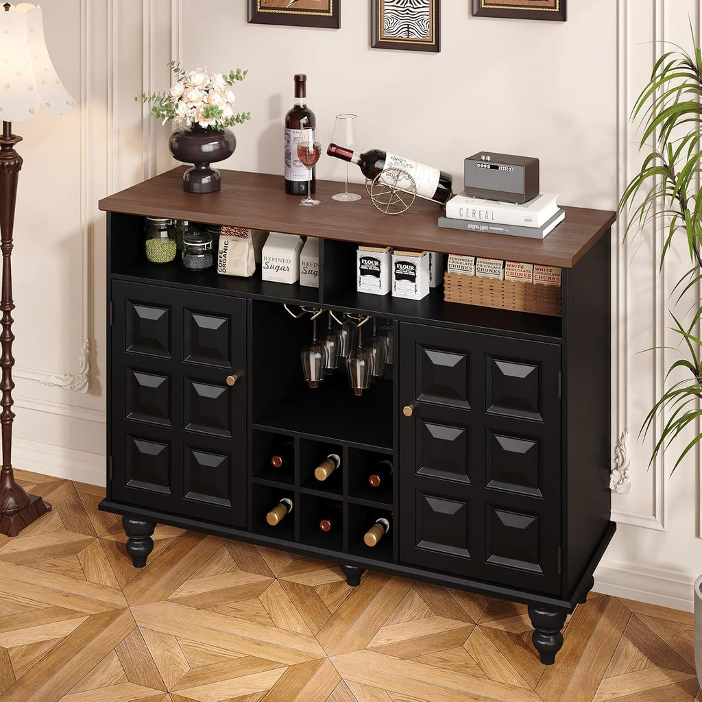 Vabches 45" Wine Bar Cabinet with Wine Rack and Glass Holder, Mid Century Modern Farmhouse Liquor Coffee Bar with Storage & Retro Square Doors, Sideboard Buffet Cabinet for Kitchen Dining Room, Black