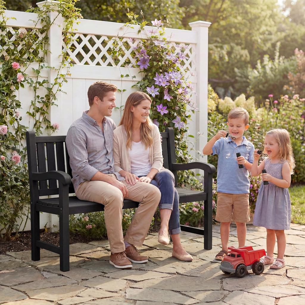 Outdoor Bench, 2-Person Outdoor Benches Weatherproof with 600 lbs Weight Capacity, Low Maintenance, Garden Bench for Patio, Park, Porch, Backyard, Balcony and School (Black)