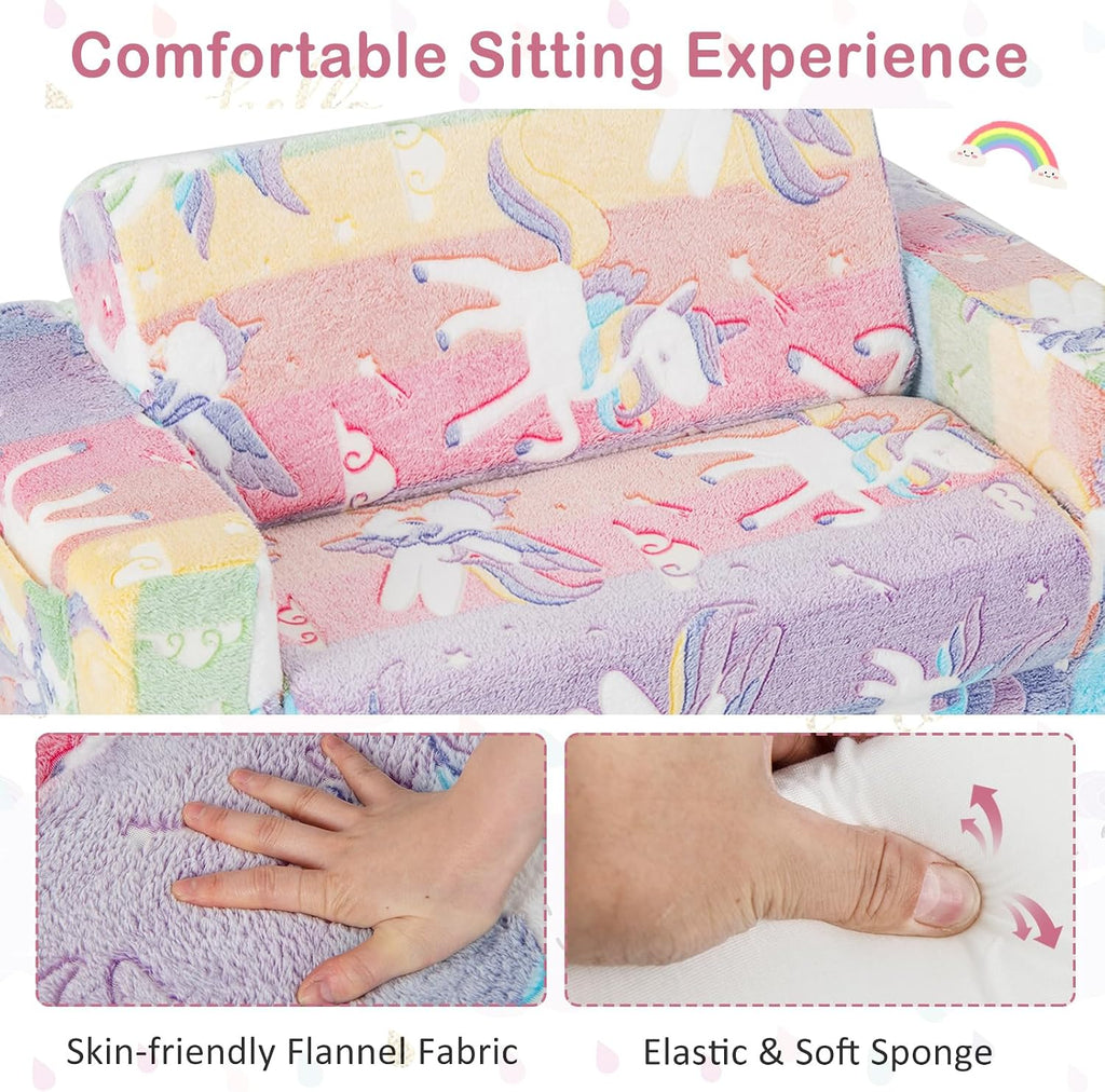 HONEY JOY Toddler Couch, 2-in-1 Convertible Sofa to Lounger, Glow in The Dark, Extra Soft Flip Open Fold Out Chair & Sleeper, Kids Playroom Furniture, Foam Sofa for Boys & Girls, Pink