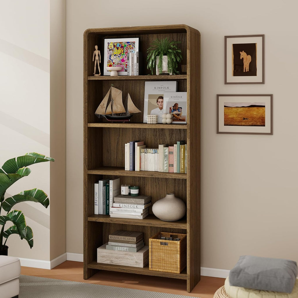 Bevfint 71" Bookcase Tall 5 Shelves Wood Bookshelf with Curved Soft Edges, Heavy Duty Modern Storage Cabinet for Professional Home Office and Living Room, Walnut Grain Finish