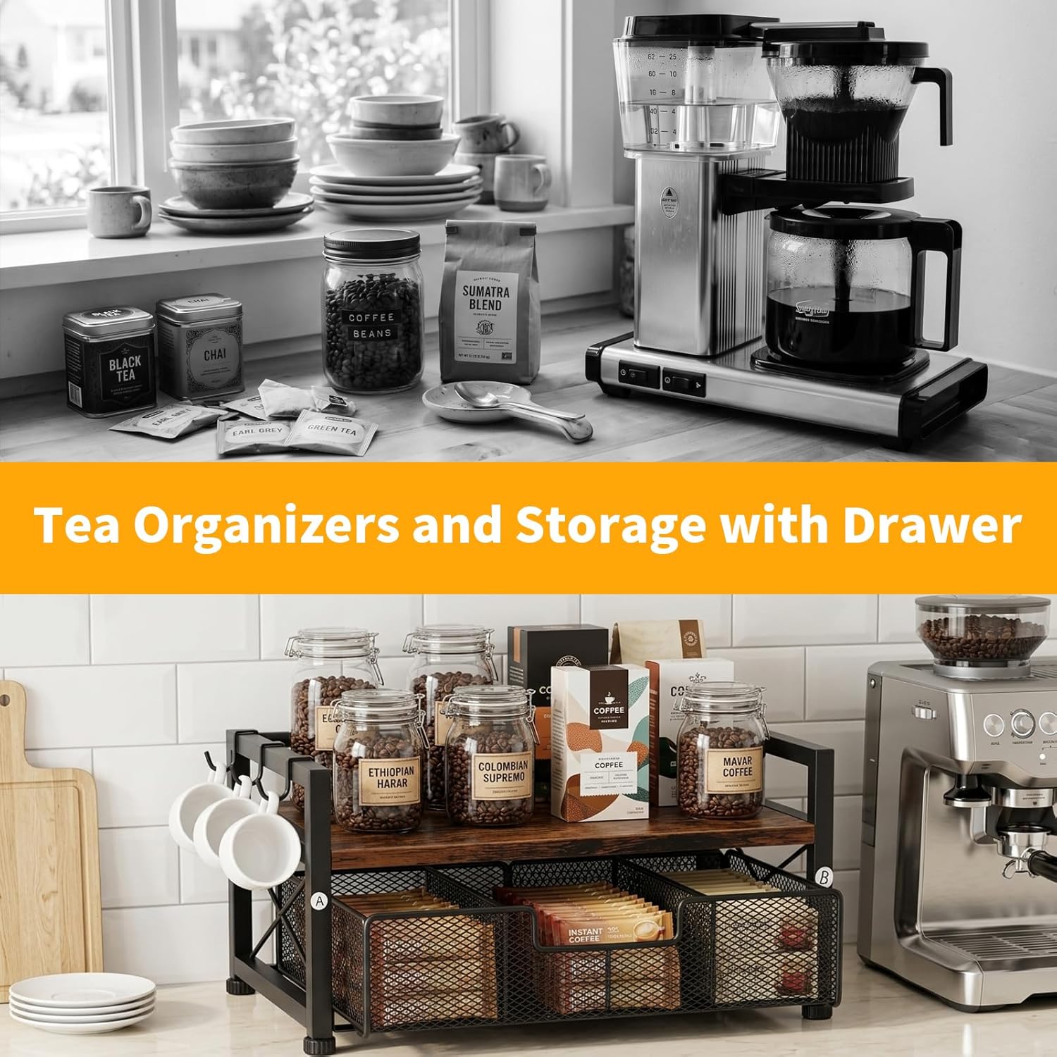 Tea Bag Coffee Bar Organizer,Teabag Holder & Coffee Station with Storage Drawer,Wood Tea Station Chest Display Container Box for Countertop Kitchen (Rustic Brown)