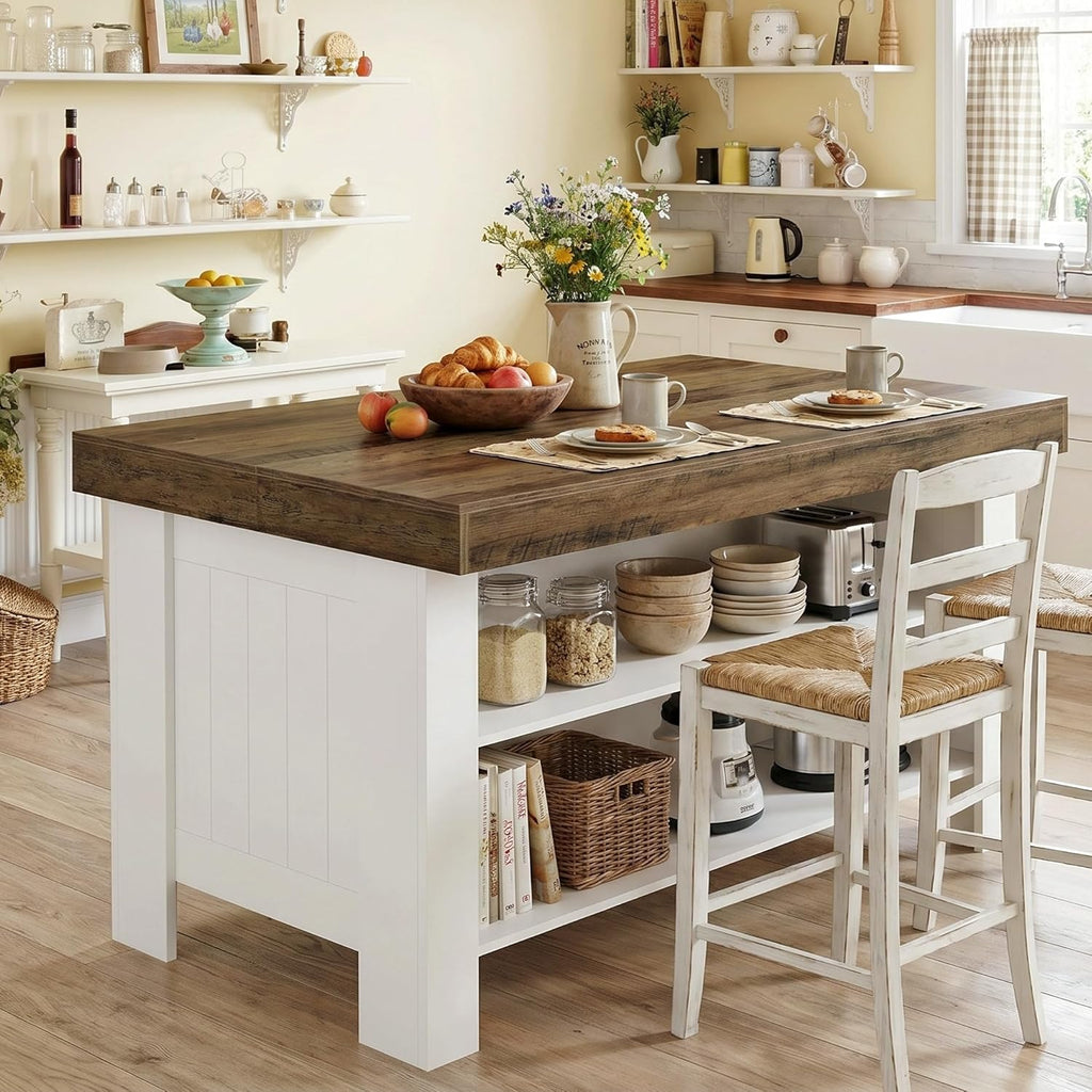 Tribesigns 55-Inch Kitchen Island with Seating and Storage, Farmhouse Wooden Stationary Island Table with Large Worktop & Leg Room, with Storage Shelves for Kitchen, Dining