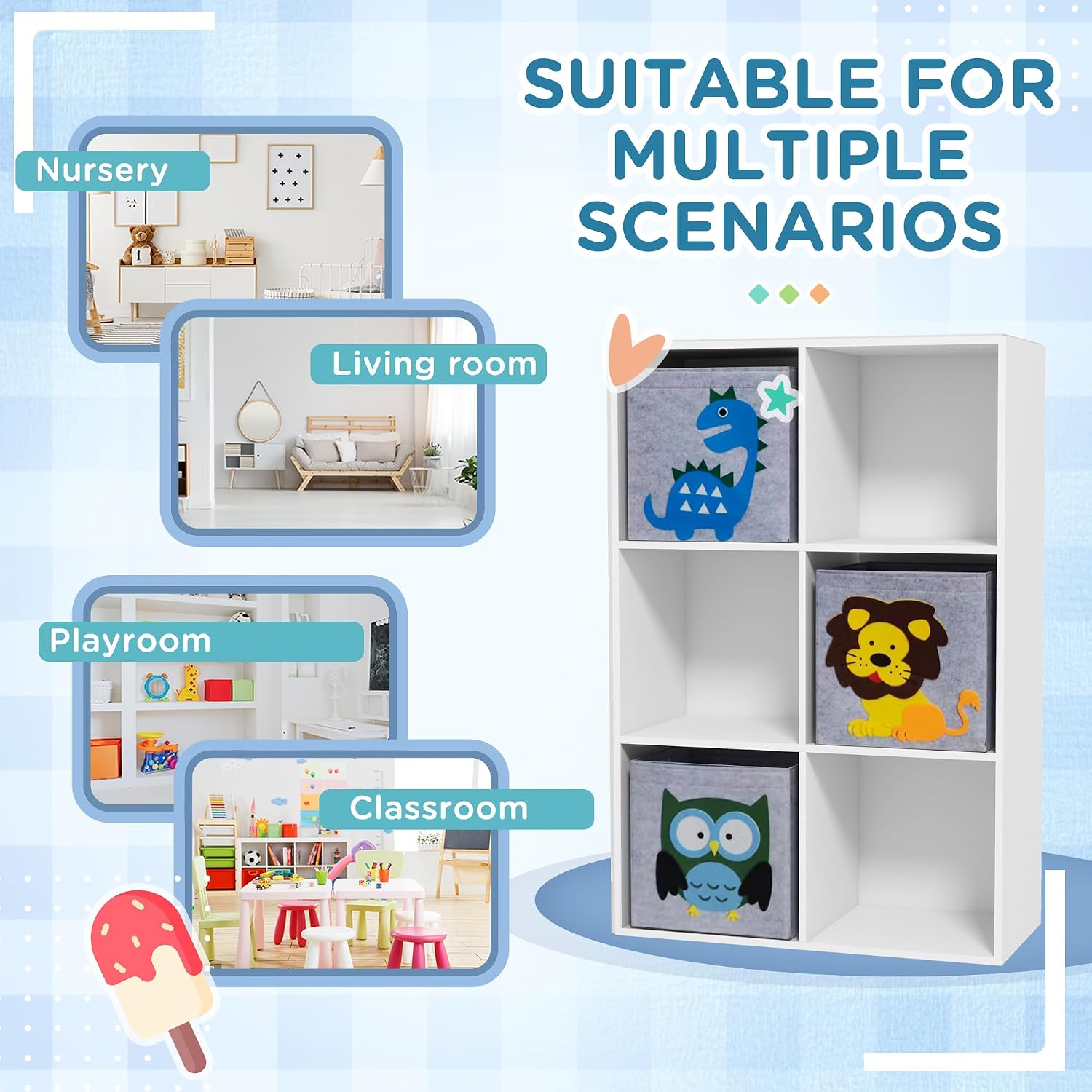 Toy Organizer, Toy Storage with 3 Storage Bins and Cute Animal Design, Toy Shelf for 3+ Years Old, White
