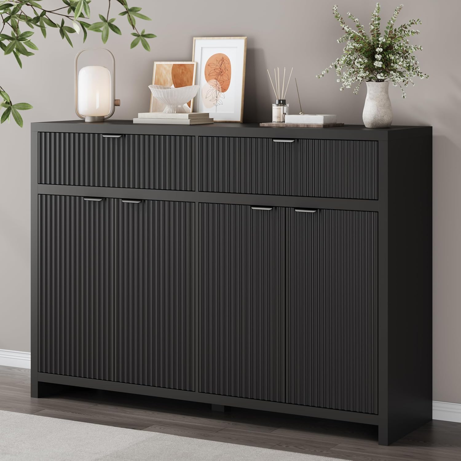 55" W Fluted Buffet Cabinet with Storage Accent Sideboard with 2 Drawers & 4 Doors,Wood Console Coffee Bar Table with Adjustable Shelves for Living Room,Kitchen and Dining Room