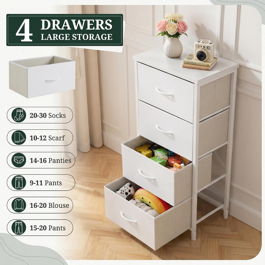 4 Drawers Dresser for Bedroom Fabric Storage Tower with Wooden Top | Steel Frame Tall Chest of Drawers for Closet, Entryway, Dorm, White