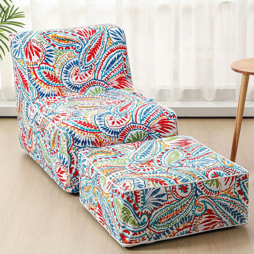 Gemscream Outdoor Inflatable Bean Bag Chair and Ottoman, Portable Inflatable Bean Bag and Ottoman with Handle for Patio Garden Home Boho Decorative Living Room (Paisley Pattern)