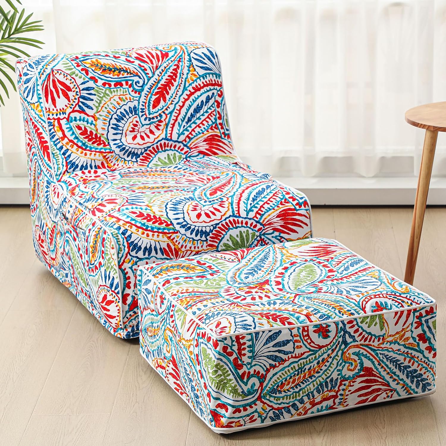 Gemscream Outdoor Inflatable Bean Bag Chair and Ottoman, Portable Inflatable Bean Bag and Ottoman with Handle for Patio Garden Home Boho Decorative Living Room (Paisley Pattern)