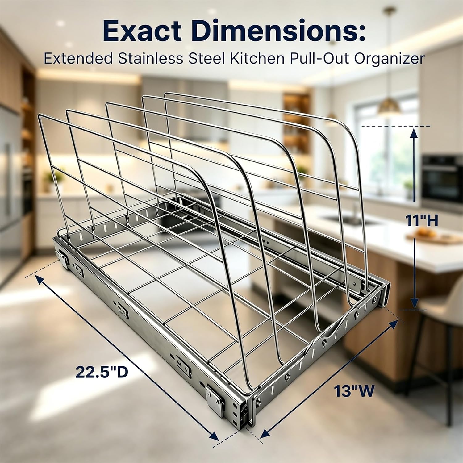 Pull Out Baking Pan Organizer for Cabinet, Cookie Sheet, Cutting Board, Tray Organizer for Cabinet, Adjustable, 22.5"D x11"H x 13"W, Pull/Slide Out Organizer-Heavy Duty, Chrome steel, 50-Year Warranty