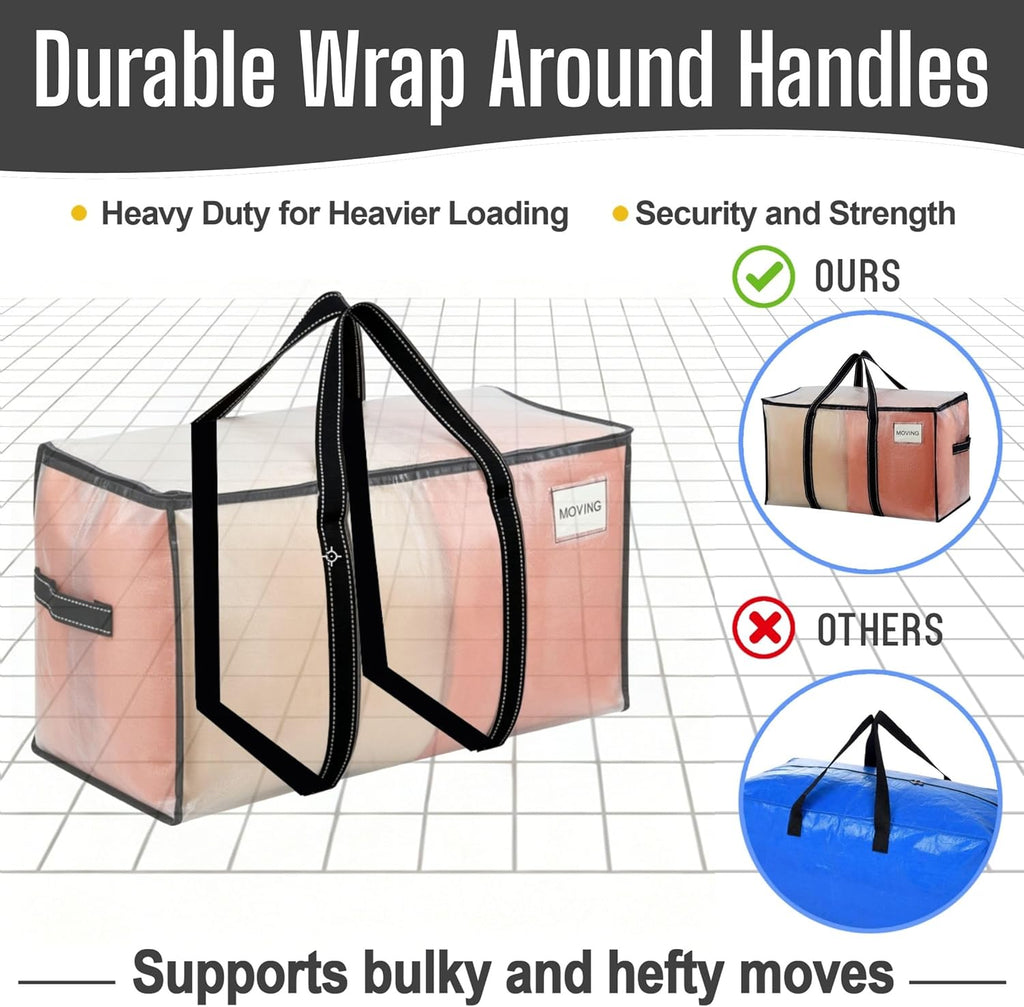 VENO 2 Pack Clear Moving Bags Heavy Duty, 90L Extra Large Transparent Storage Bags, 50lbs Loads, Zippers, Handles & Tag, Moving Boxes Alternative for College Dorm Essentials, Closet
