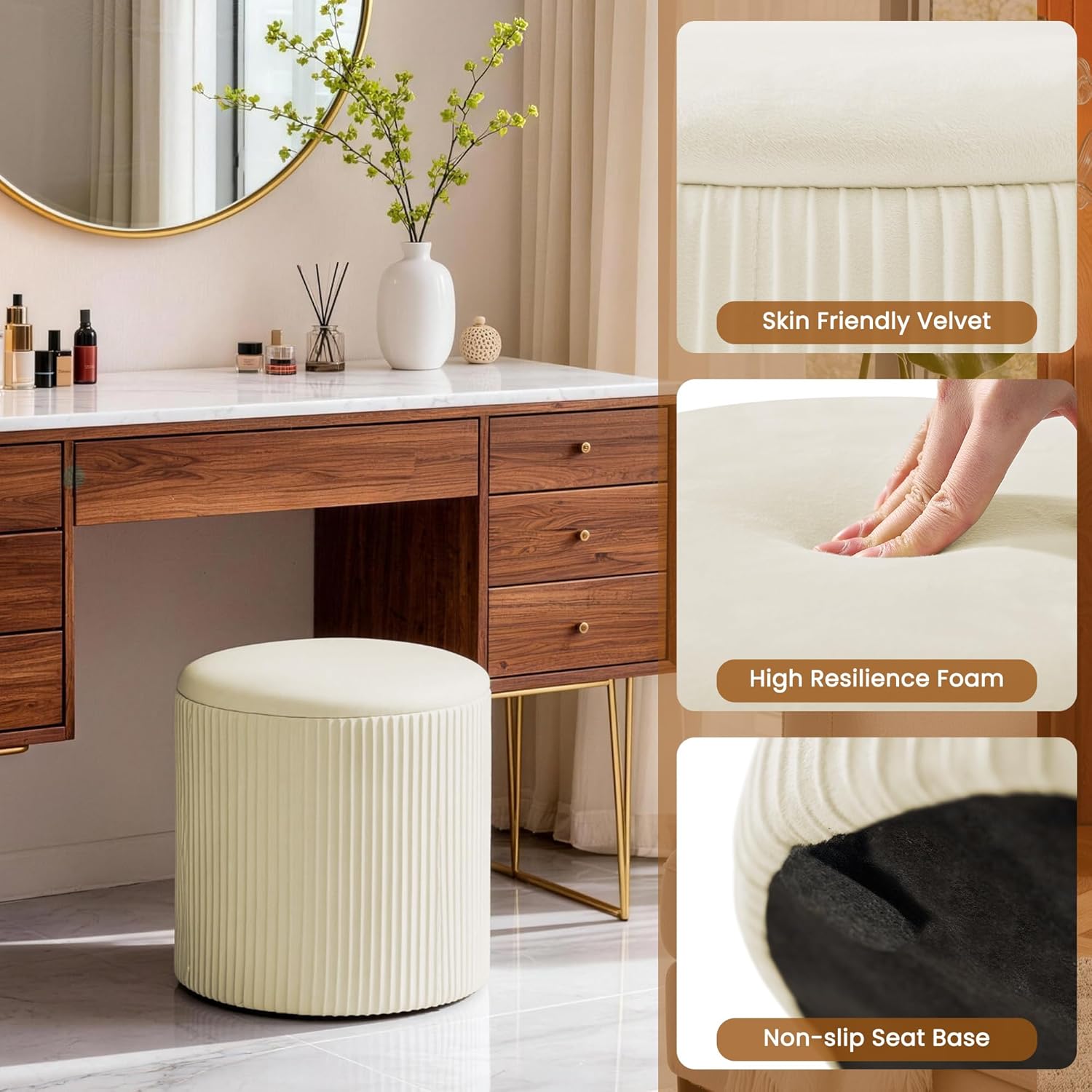 Vanity Stool Set of 2 - Round Storage Ottoman with Lid, Velvet Footrest Pouf for Makeup Room & Living Room, Multi-Use Small Chair with Hidden Storage（Beige）