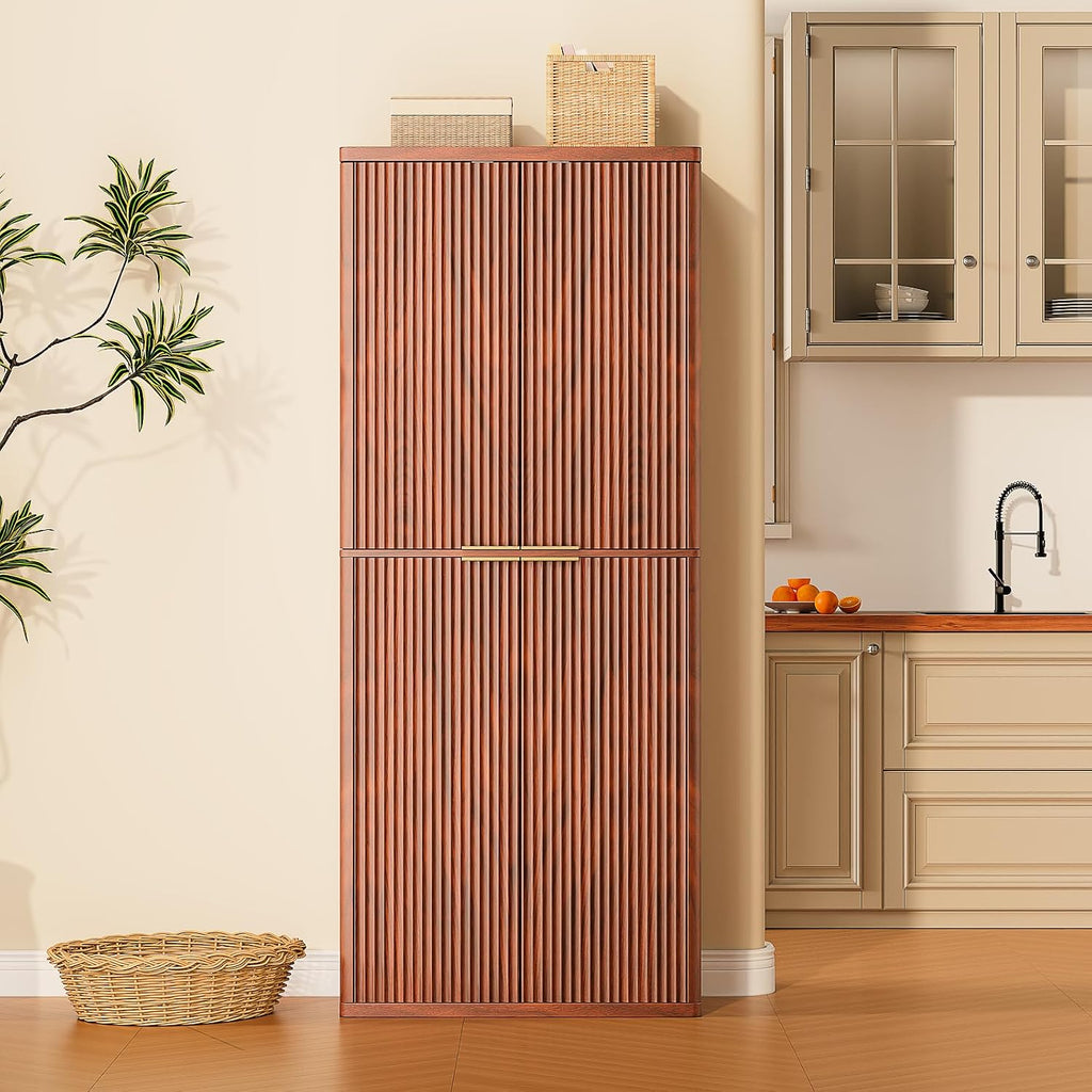 72" Tall Kitchen Pantry Cabinet with 6 Door Shelves, Modern Fluted Wood Storage Cupboard, Walnut Finish Organizer for Kitchen and Dining Fluted Cabinet Room, 30" W x Fluted Pantry c
