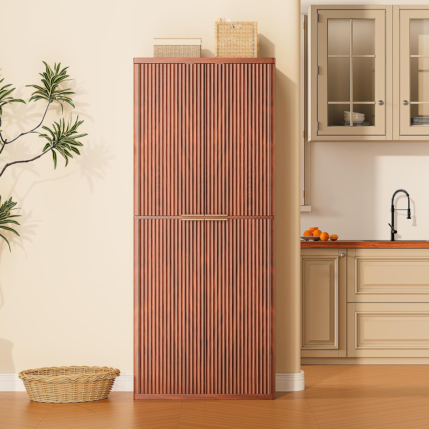 72" Tall Kitchen Pantry Cabinet with 6 Door Shelves, Modern Fluted Wood Storage Cupboard, Walnut Finish Organizer for Kitchen and Dining Fluted Cabinet Room, 30" W x Fluted Pantry c