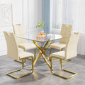 36 Inch Dining Table Set for 4, Modern Square Tempered Glass Top, Gold Finish Stainless Steel Legs Table and PU Leather Chairs for Dining Room, Living Room, Kitchen, Beige with Gold Base