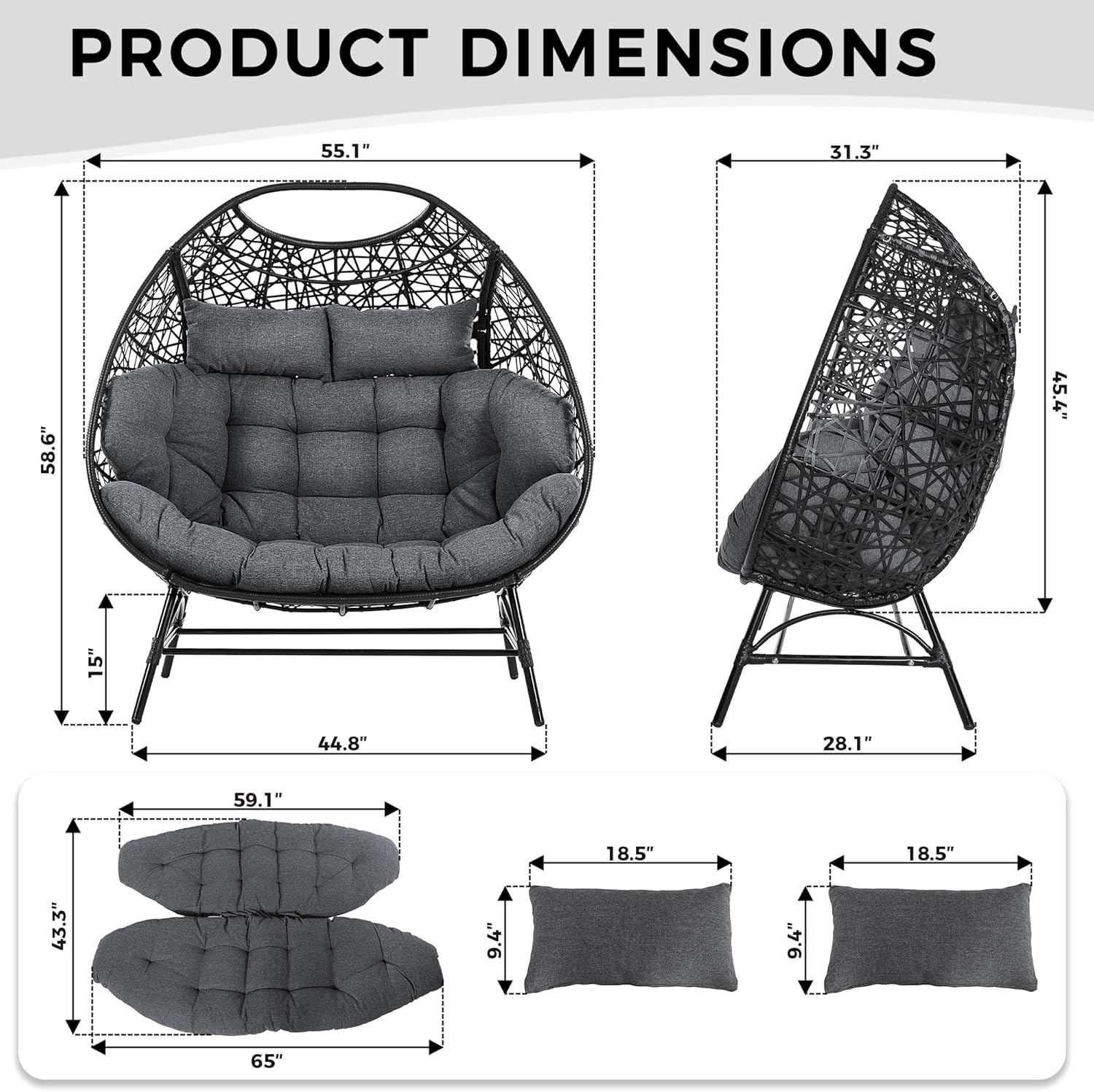 IRONCK Egg Chair Outdoor, Double Egg Lounge Chair with Thickened Padded Cushions and Headrests, 700 Lbs 2 Person Egg Loveseat for Garden, Indoor, Porch, Balcony, Patio, Dark Gray