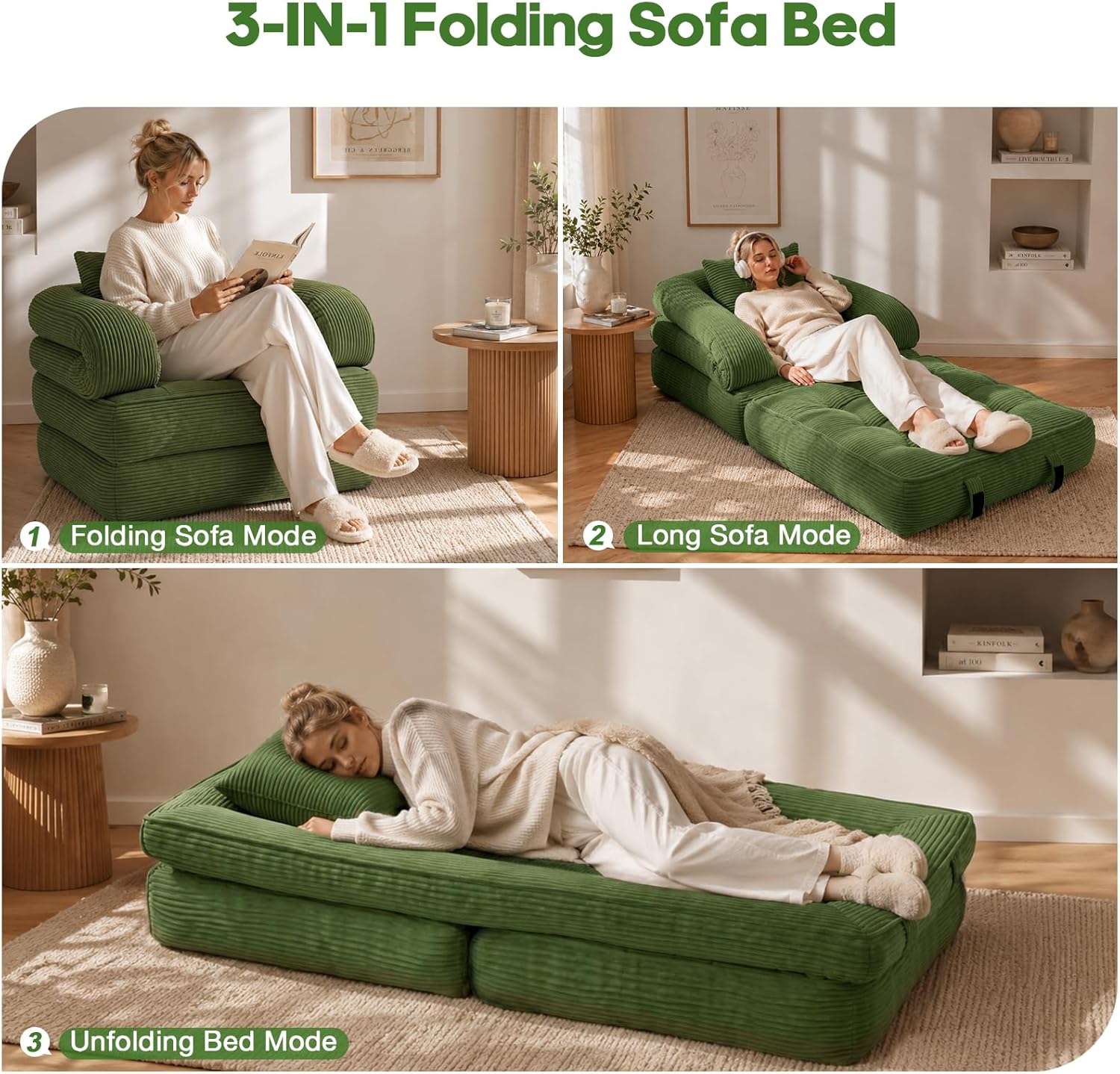Folding Sofa Bed, Convertible Sleeper Chair with Armrests for Adults, Foldable Corduroy Boneless Bed, 3-in-1 Portable Futon Couch Floor Sofa with Pillow for Bedroom, Living Room, Dark Green