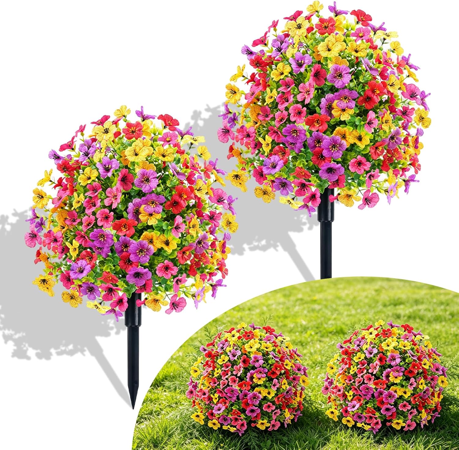 Artificial Topiary Ball Tree Violet Flowers with Spike, 2 Pack 23.6" Faux Plants Evergreen Tree UV Resistant Bushes Plants for Outdoor Front Porch Garden Patio Spring Decor (Mix Color 23.6in)