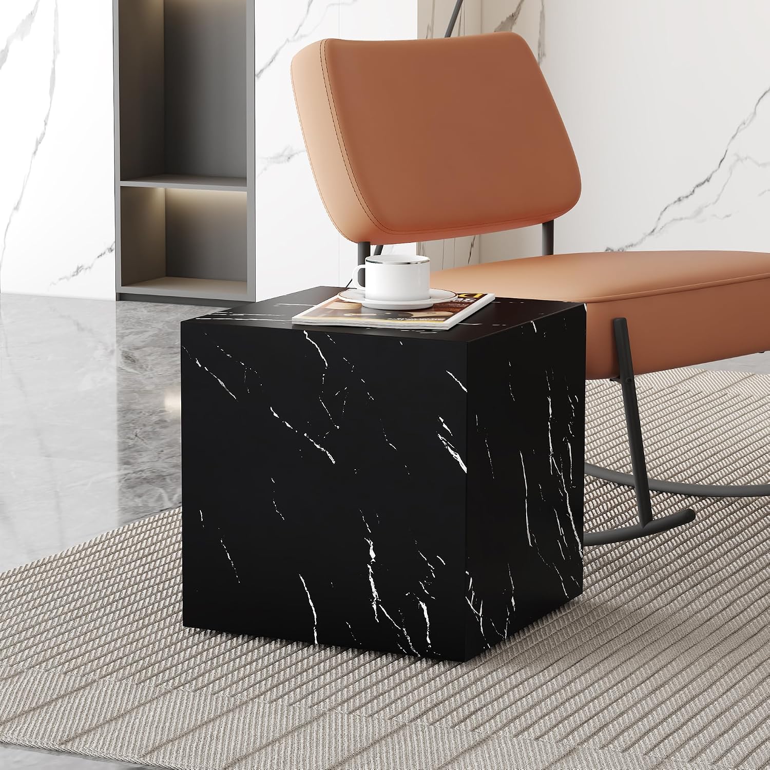 W15.7'' Modern Wood Square Side Table End Table for Living Room, No Assemble, Faux Marble Surface, Marble Black(ø15.7'' x 15.7'')