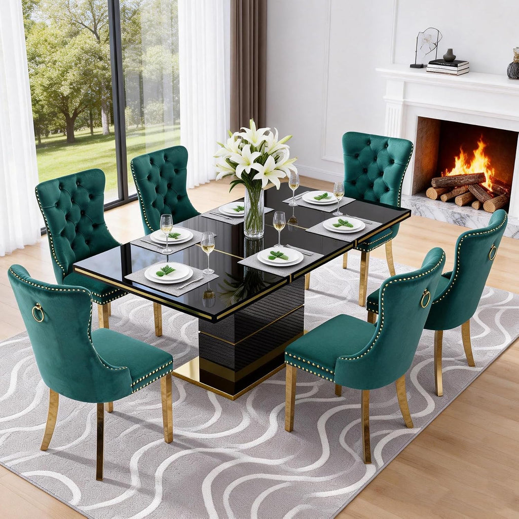Luxury 70" Black High Gloss Rectangular Dining Table with 1.5" Thick Tabletop, Gold Accent Trims & Sturdy Pedestal Base, Elegant Modern Dining Table for 4-6 People, Kitchen & Dining Room Furniture