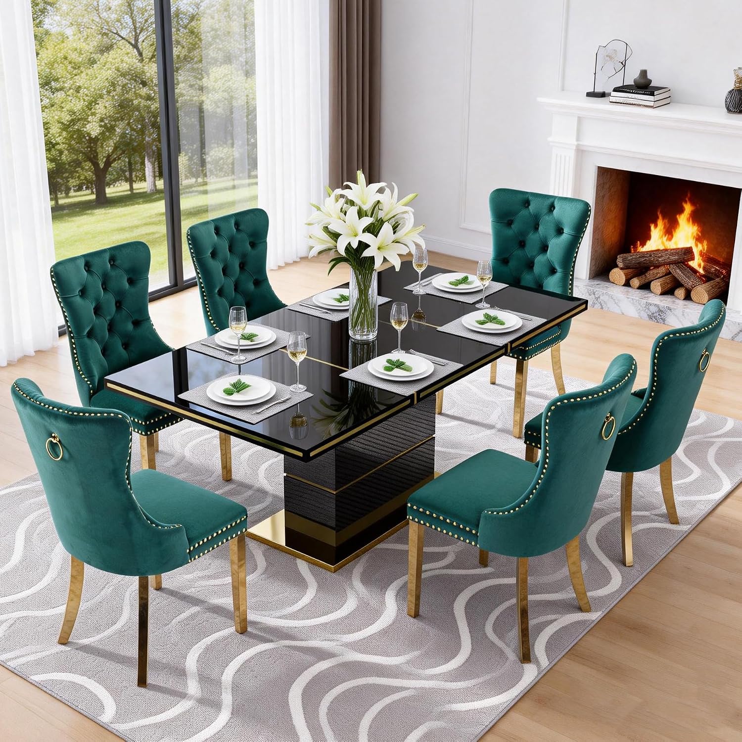 Luxury 70" Black High Gloss Rectangular Dining Table with 1.5" Thick Tabletop, Gold Accent Trims & Sturdy Pedestal Base, Elegant Modern Dining Table for 4-6 People, Kitchen & Dining Room Furniture