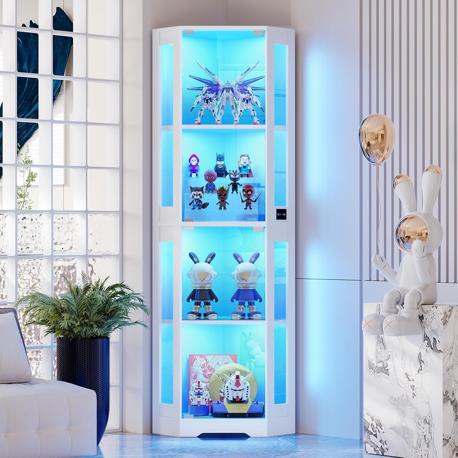 BROTTAR 65" Corner Glass Display Cabinet with LED Lights, 4-Tier Showcase Display Case with Glass Doors & Human Body Sensor, Curio Cabinet for Collectibles, Figure, Liquor, White