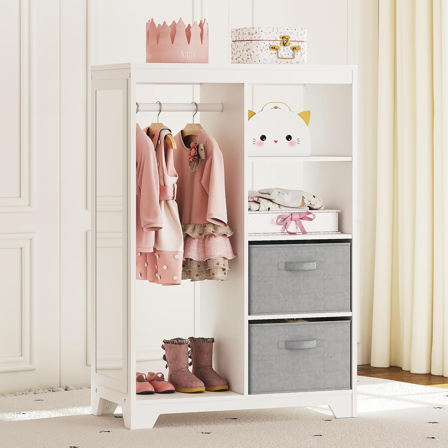 UTEX Kids Dress Up Storage with 2 Storage Bins and Full Length Mirror | Kids Armoire, Opening Hanging Kids Closet Wardrobe, Water-based Paint
