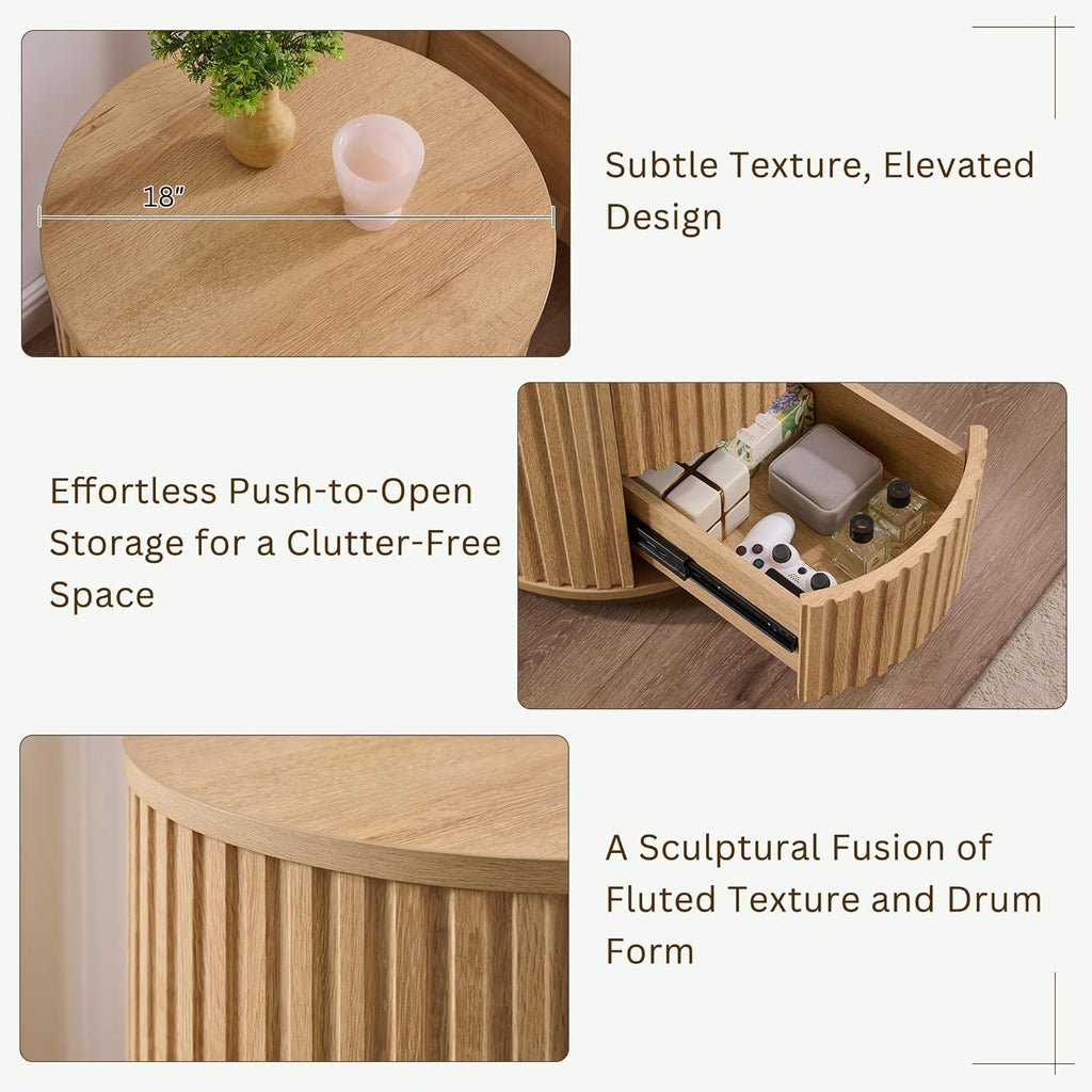 JXQTLINGMU Fluted Nightstand Set of 2 with 3 Push-to-Open Drawers, 24" Tall Round Side Table, Modern Wood End Table for Bedroom, Living Room or Small Spaces, Natural Oak