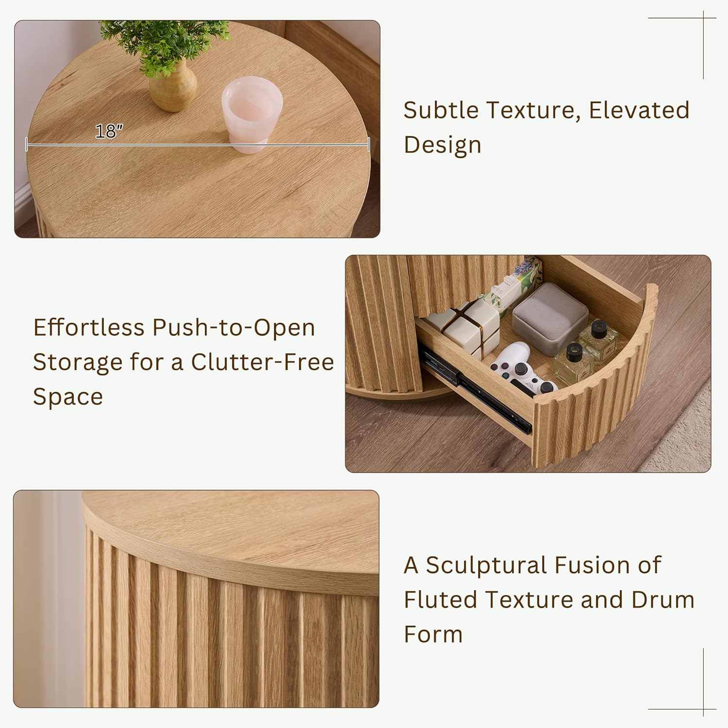 JXQTLINGMU Fluted Nightstand Set of 2 with 3 Push-to-Open Drawers, 24" Tall Round Side Table, Modern Wood End Table for Bedroom, Living Room or Small Spaces, Natural Oak