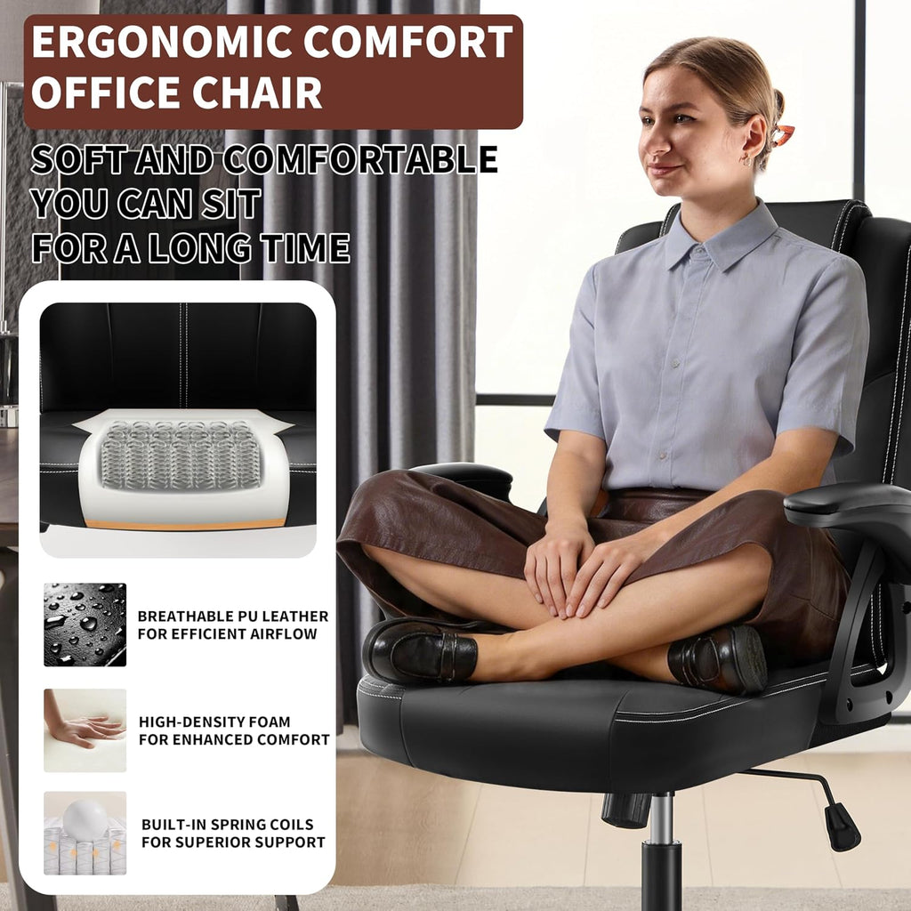 Executive Office Chair, Ergonomic PU Leather Computer Chairs, Executive Breathable Desk Chair with Padded Flip-Up Arms, 360° Swivel Rolling Chair Comfy Padded for Working Studying Gaming (Black)