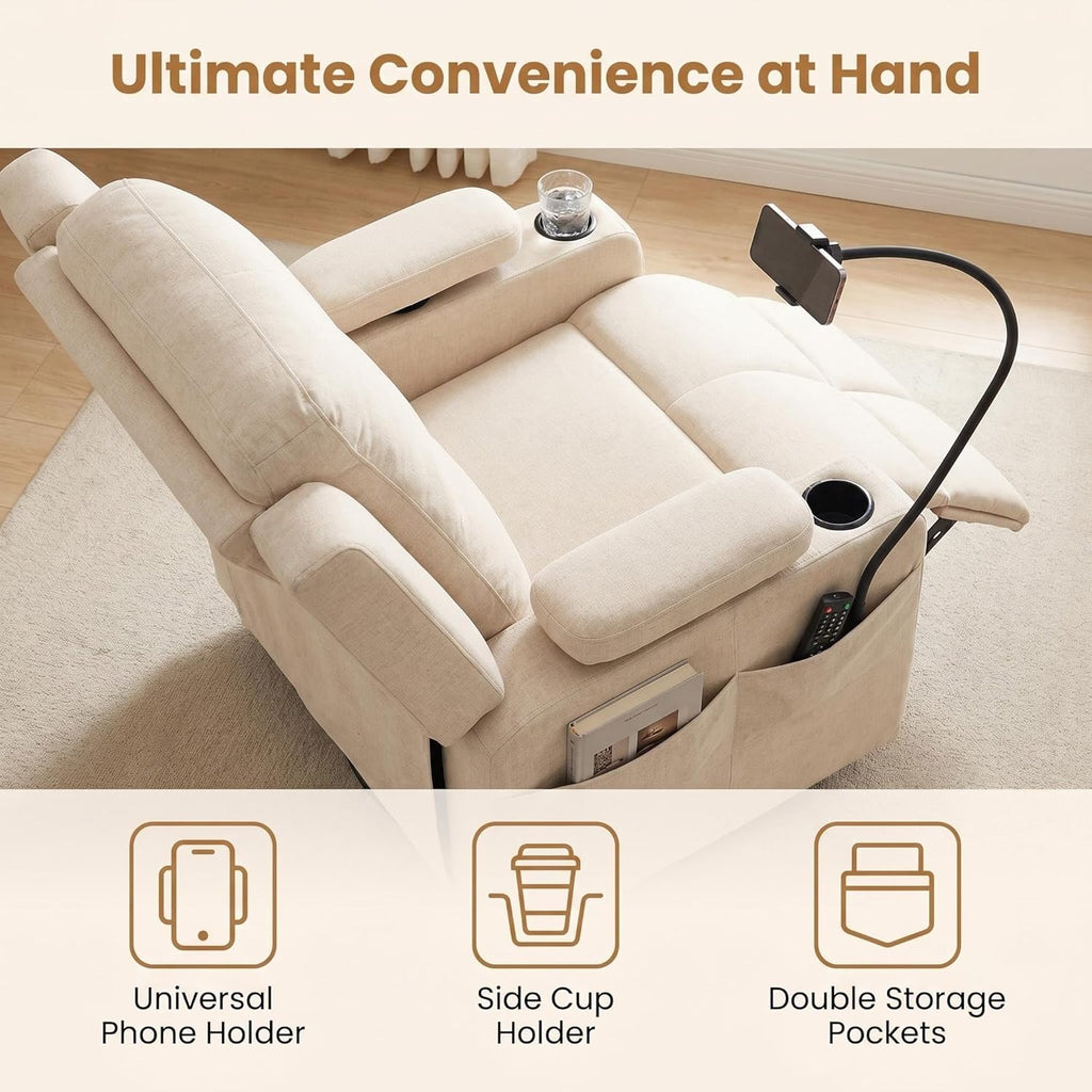 Furnimart Power Rocking Chair Nursery with Adjustable Armrests, Triple Motor Glider Recliner Swivel Nursing Chair for Breastfeeding with Phone Holder, Side Storage, Soft Waterproof Fabric, Beige