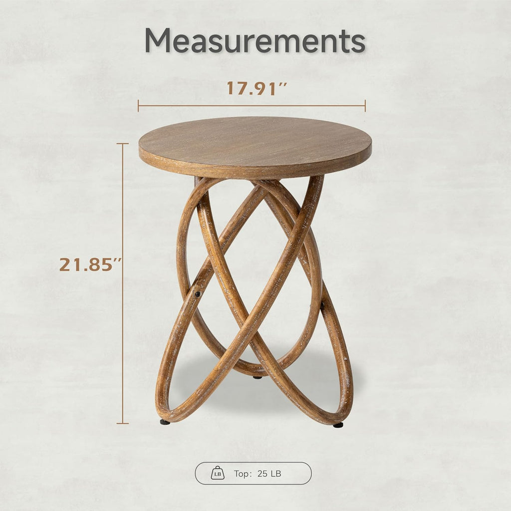 Farmhouse Round End Table with Curved Crossed Base, Natural Brown | Rustic Wood Sofa Side Table, Plant Stand for Living Room, Small Space, Easy Assembly