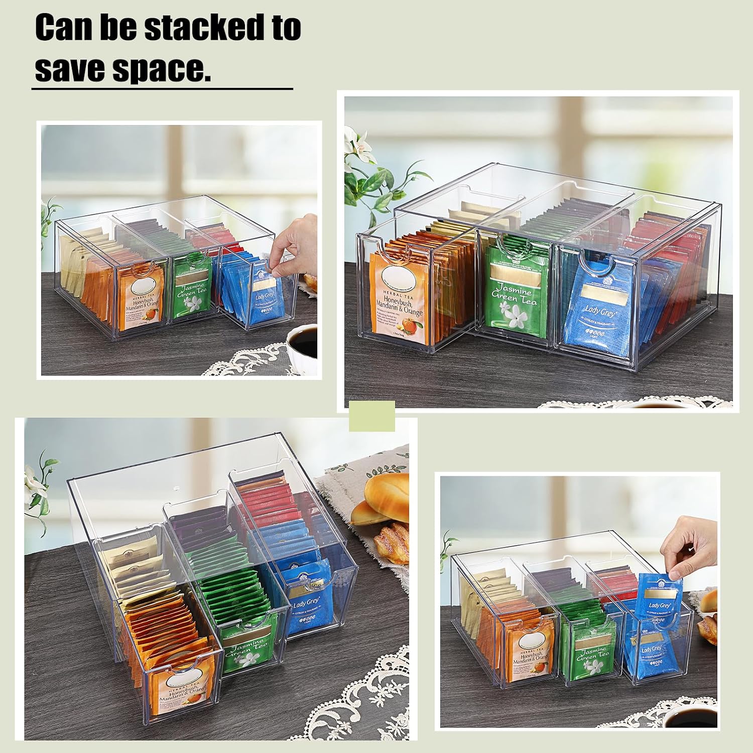 ELLDOO 3 Drawers Tea Bag Organizer Box, Clear Acrylic Stackable Tea Bag Storage Holder for Kitchen Pantry, Coffee Pod Snack Storage for Countertop Cabinet