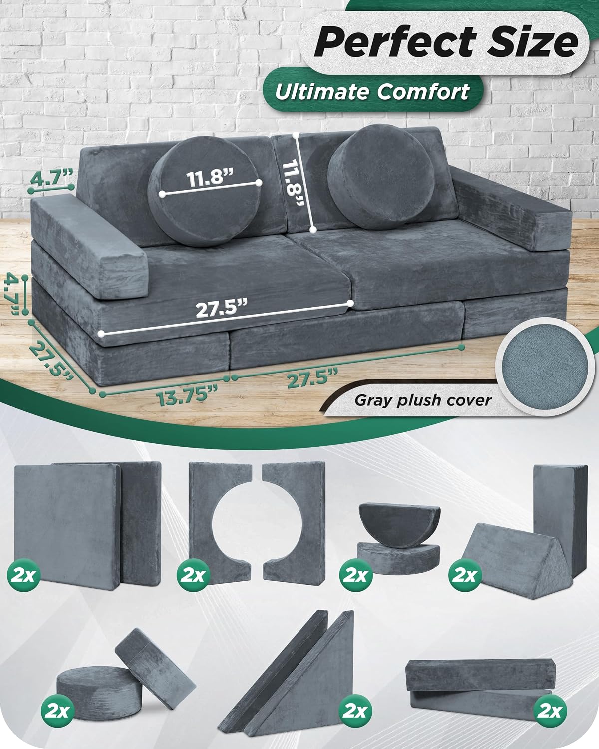 Lunix LX15 14pcs Modular Kids Play Couch, Design-Patent Child Sectional Sofa, Fort-Play Bedroom & Playroom Furniture for Toddlers, Convertible Foam, Washable Covers, OEKO-TEX & CertiPUR-US, Stone Gray