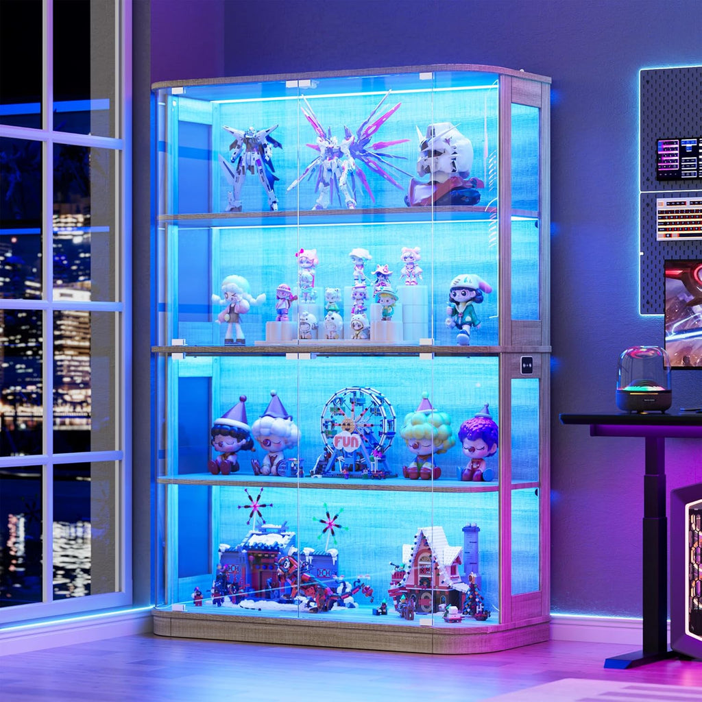 PAKASEPT 47.2" Large Rounded Display Cabinet with Glass Doors, 4-Tier Curio Cabinet Storage Case with LED Lights & Press-to-Open Doors, Modern Display Shelf for Collectible,Human Body Sensor, Natural