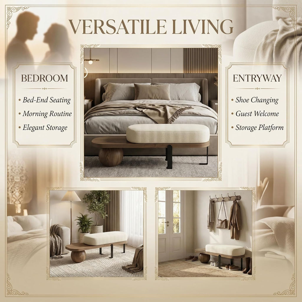 Modern Entryway Bench with Cushion, Wooden Boucle Upholstered with Abstract Metal Leg, Lambswool Cushioned Seating, for Entryway Livingroom Bedroom (Walnut, 120cm/47.2")