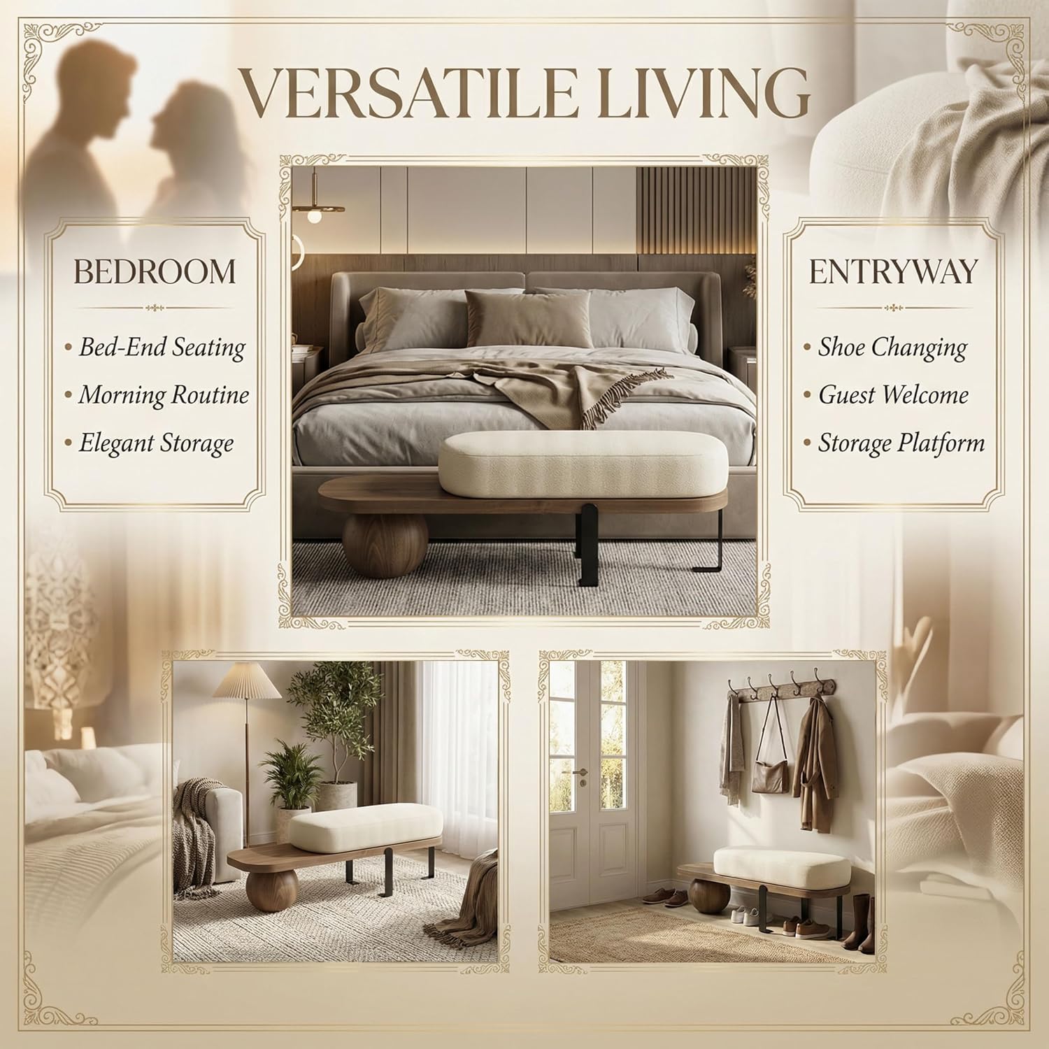 Modern Entryway Bench with Cushion, Wooden Boucle Upholstered with Abstract Metal Leg, Lambswool Cushioned Seating, for Entryway Livingroom Bedroom (Walnut, 120cm/47.2")