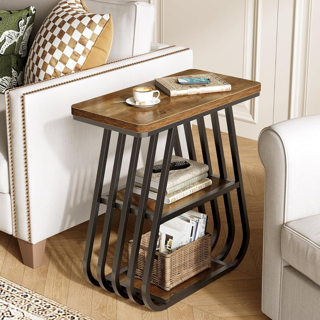 LITTLE TREE End Table for Living Room, 3-Tier Side Table for Small Spaces, Industrial Narrow Side Table with Storage Shelf in Oak Brown and Black